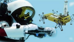 Astronaut und Roboter YEMO unter Wasser